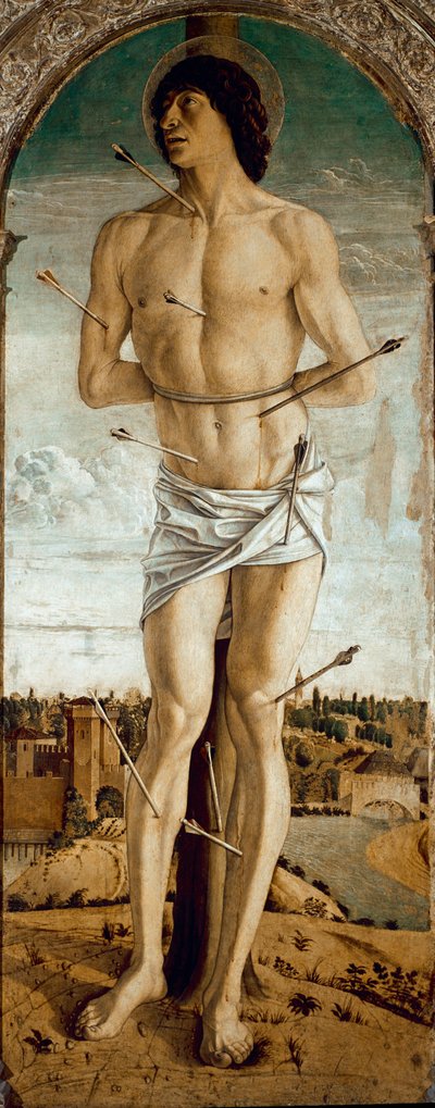 Saint Vincent Ferrier poliptichonja: Szent Sebestyén (Szent Vincent Ferrer poliptichona: Szent Sebestyén) Giovanni Bellini dit il Giambellino festménye (kb. 1432-1516) 1464-1468 Méret 167x67 cm Velencei Santi Giovanni e Paolo templom alkotó: Giovanni Bellini
