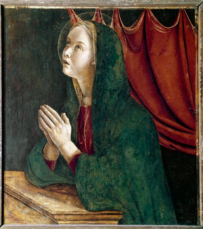 Saint Vincent Ferrier poliptichonja: Angyali üdvözlet szűz (Szent Vincent Ferrer poliptichona: Angyali üdvözlet szűz) Giovanni Bellini dit il Giambellino festménye (kb. 1432-1516) 1464-1468 Dim 72x67 cm Santi Paicevanni Gioloo-templom alkotó: Giovanni Bellini