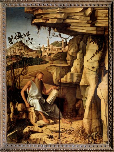 Szent Jeromos a sivatagban Giovanni Bellini festménye dit il Giambellino (kb. 1430-1516) 1479 Mérete 145x114 cm Palazzo Pitti Firenze alkotó: Giovanni Bellini