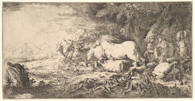 Az állatok bejutása a Noé bárkába, három férfi követi a négylábúakat és a madarakat stridin..., kb. 1650-55. alkotó: Giovanni Benedetto Castiglione