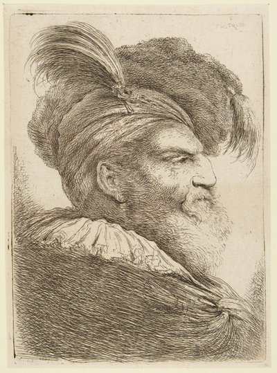 Tollas kalapot viselő szakállas férfi feje alkotó: Giovanni Benedetto Castiglione