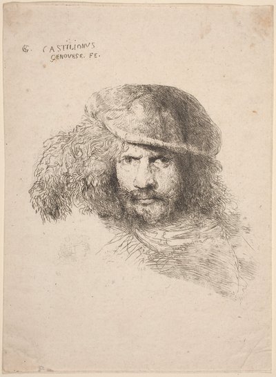 Fiatal férfi feje tollas kalapban (úgynevezett önarckép) alkotó: Giovanni Benedetto Castiglione