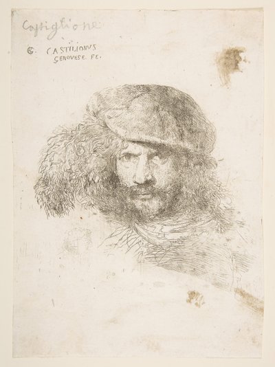 Egy tollas sapkát viselő férfi feje, esetleg Bernini, esetleg önarckép..., kb. 1645-1650. alkotó: Giovanni Benedetto Castiglione