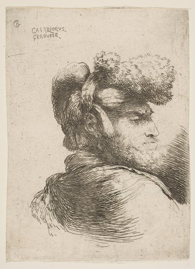 Férfi jobbra néz, prémes sapkát visel, a Kis fejek sorozatából, kb. 1645-1650. alkotó: Giovanni Benedetto Castiglione