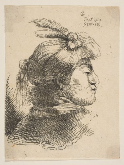 Férfi kis turbánt viselő, tollakkal és szalaggal díszített, jobbra néző, ..., kb. 1645-1650. alkotó: Giovanni Benedetto Castiglione