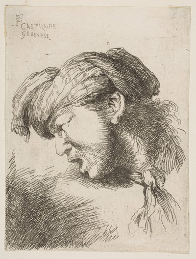 Turbánt viselő férfi, nyakban nyakkendővel, balra néz, a... sorozatból, 1645-1650. alkotó: Giovanni Benedetto Castiglione