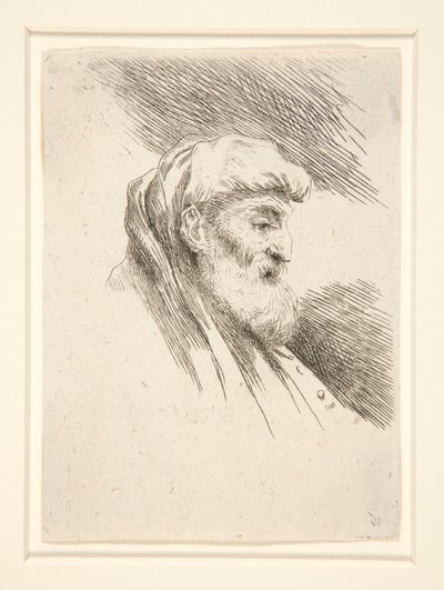Hosszúszakállú öregember, profilban, jobbra fordulva, a Les petites tetes d. sorozatból alkotó: Giovanni Benedetto Castiglione