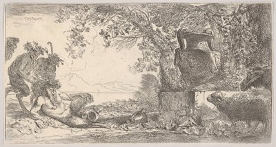 Balra fekvő serpenyő két álló szatírral, jobb oldalon egy nagy váza talapzaton, kb. 1645. alkotó: Giovanni Benedetto Castiglione