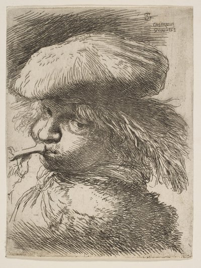 Fiatal férfi trombitával balra, a Kis fejek keletiben sorozatból, kb. 1645-1650. alkotó: Giovanni Benedetto Castiglione