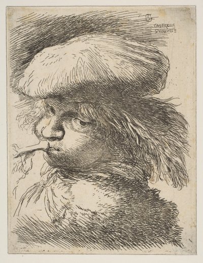Fiatal férfi trombitával balra, a Kis fejek keletiben sorozatból, kb. 1645-1650. alkotó: Giovanni Benedetto Castiglione
