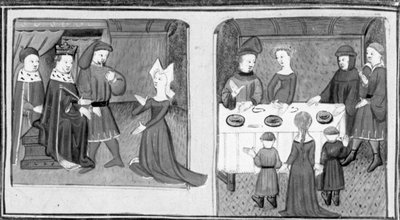 Dekameron,Giletta megkéri a királyt, hogy engedje meg neki, hogy hozzámehessen Beltramo di Rossiglione-hoz; Giletta bemutatja gyermekeit Beltramónak. Harmadik nap, 9. novella alkotó: Giovanni Boccaccio