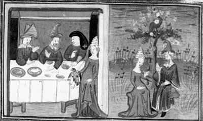 Dekameron,Lidia megöli férje verebet; a feleség beszélget a férjével a réten. Hetedik nap, 9. hír alkotó: Giovanni Boccaccio