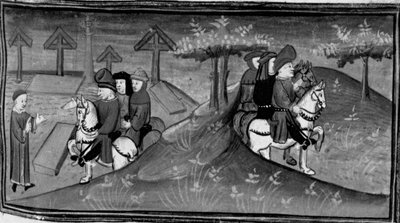 Dekameron, Betto Brunelleschi és brigádja találkozik Guido Cavalcantival; Betto elmagyarázza Guido szavait barátainak. Hatodik nap, 9. hír alkotó: Giovanni Boccaccio
