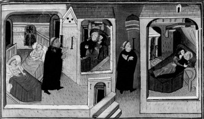 Decameron, Az apát kémkedik a szerzetes után a cellájában; a szerzetes pedig kémkedik az apát után. Első nap, 4. hír. alkotó: Giovanni Boccaccio