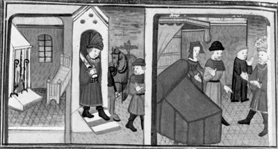 Dekameron, Lambertuccio lovag megszökik Izabella szobájából; a nő férje a szobában találja meg a szeretőt . Hetedik nap, novella 6 alkotó: Giovanni Boccaccio
