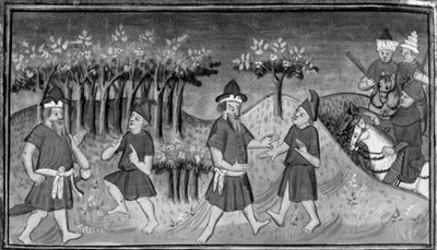 Dekameron, Mitridanes találkozik Natannal az erdőben; a két férfi kibékül. Tizedik nap, novella 1 alkotó: Giovanni Boccaccio