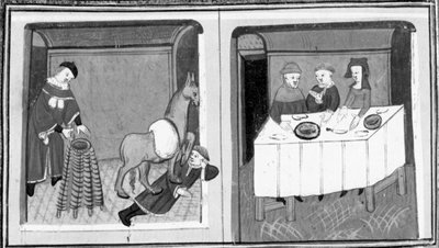 Dekameron, Vinciolo Péter felfedezi a szeretőt az istállóban; Vinciolo Péter a feleségével és annak szeretőjével ül asztalhoz. Ötödik nap, 10. novella alkotó: Giovanni Boccaccio