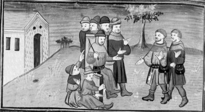 Decameron, Ribi és Maso del Saggio elterelik Nicola bíró figyelmét, miközben Matteuzzo felhúzza a nadrágját. Nyolcadik nap, 5. hír alkotó: Giovanni Boccaccio