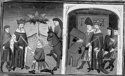 Dekameron, Ruggieri elhagyja Alfonz királyt; a király felkéri Ruggierit, hogy válasszon két láda közül. Tizedik nap, 1. novella alkotó: Giovanni Boccaccio