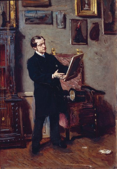 Olaszország, Firenze, fiatal férfi nézi a festményt alkotó: Giovanni Boldini