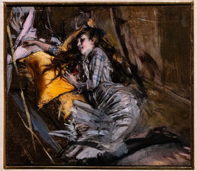 Fekvő lány Tartán ruhában alkotó: Giovanni Boldini