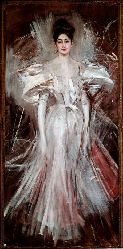 Fiatal nő fehér szaténban (tűzijáték) Giovanni Boldini festménye (1842-1931) 1892 Dim. 200x101 cm Pistoia, Boldini kollekció alkotó: Giovanni Boldini