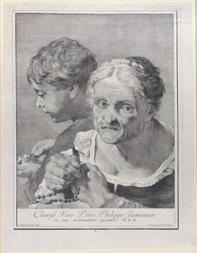 Öregasszony rózsafüzérrel és egy érmét számláló fiú, 1743. alkotó: Giovanni Cattini