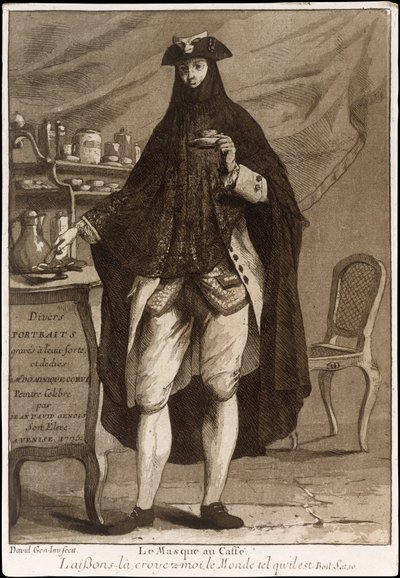 Egy maszkot viselő férfi egy csésze kávét iszik Le Masque au Caffé, 1775. alkotó: Giovanni David