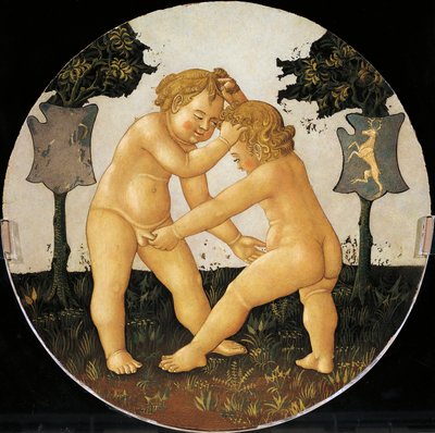 Putti játék, részlet a születési tálca hátuljáról (kerek festmény), 1450 körül, Giovanni di Ser Giovanni, Lo Scheggia (1406-1486), tempera fán alkotó: Giovanni Di Ser Giovanni Lo Scheggia Guidi
