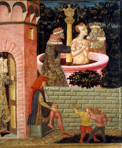 Susanne történetei, 1450 körül, a festett láda előlapja, Giovanni di Ser Giovanni, Lo Scheggia (1406-1486) néven ismert, tempera fán Részlet alkotó: Giovanni Di Ser Giovanni Lo Scheggia Guidi