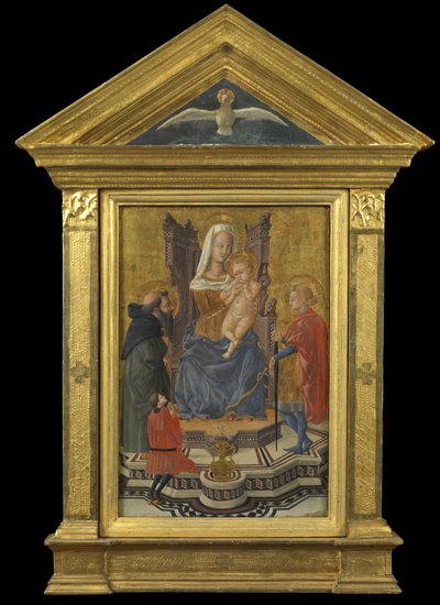 Szűz és gyermek trónolt, Szent Anthony Abbot és Julianussal és egy adományozóval (oromzat fent – Szentlélek), 1430 körül (tempera a panelen) alkotó: Giovanni Di Ser Giovanni Lo Sheggia (attr. to) Guidi
