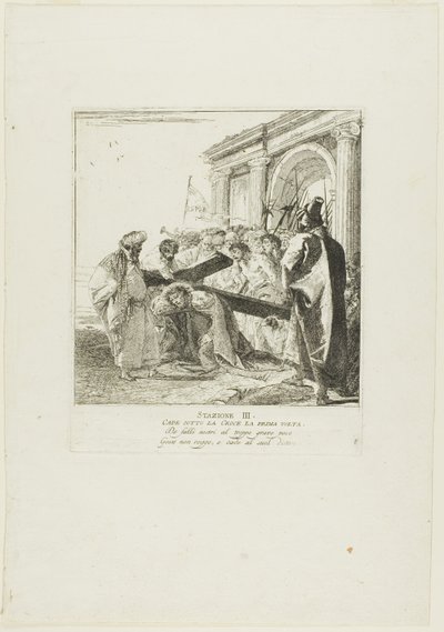 Krisztus először esik a kereszt alá, harmadik lemez a Keresztút stációiból alkotó: Giovanni Domenico Tiepolo