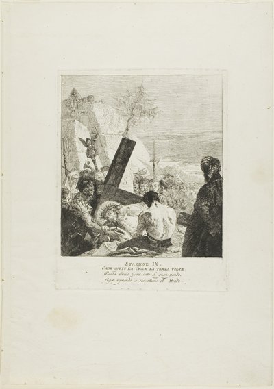 Krisztus harmadszor is alámerül a kereszt alá, kilencedik tábla a Keresztút stációiból. alkotó: Giovanni Domenico Tiepolo