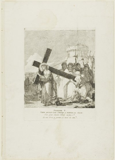 Krisztusnak segít Cirenei Simon, ötödik lemez a Keresztút stációiból alkotó: Giovanni Domenico Tiepolo