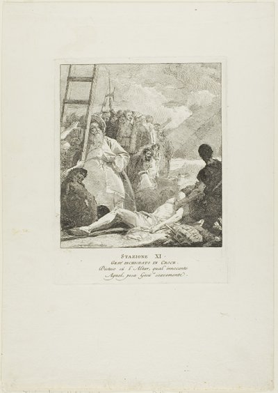 Krisztus a keresztre van szögezve, tizenegyedik lemez a Keresztút stációiból alkotó: Giovanni Domenico Tiepolo