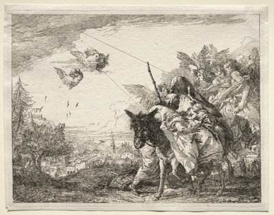 Repülés Egyiptomba: József megáll, hogy szemügyre vegye a csecsemő Krisztust alkotó: Giovanni Domenico Tiepolo