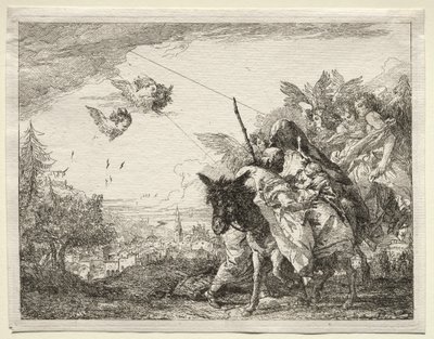 Repülés Egyiptomba: József megáll, hogy szemügyre vegye a csecsemő Krisztust. alkotó: Giovanni Domenico Tiepolo