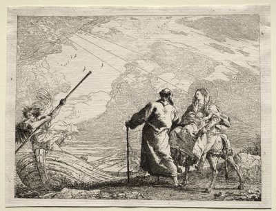 Repülés Egyiptomba: A Szent Család megérkezik a folyó partjára alkotó: Giovanni Domenico Tiepolo