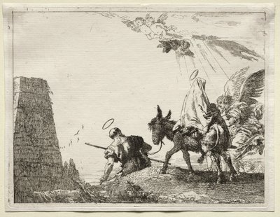 Repülés Egyiptomba: A Szent Család egy piramis mellett halad el. alkotó: Giovanni Domenico Tiepolo