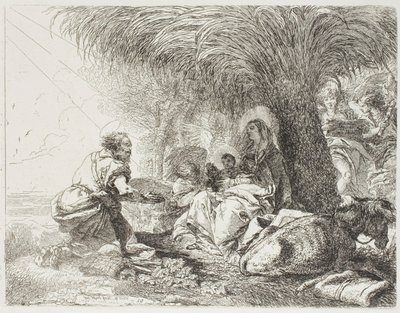 József imádja a gyermeket, miközben két angyal énekel, tizenkilences lemez a Repülés Egyiptomba című filmből alkotó: Giovanni Domenico Tiepolo