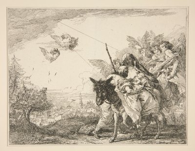 József a Kisded Jézusról elmélkedik, a Festői ötletek az Egyiptomba (Flight to Egypt) című sorozatból. alkotó: Giovanni Domenico Tiepolo