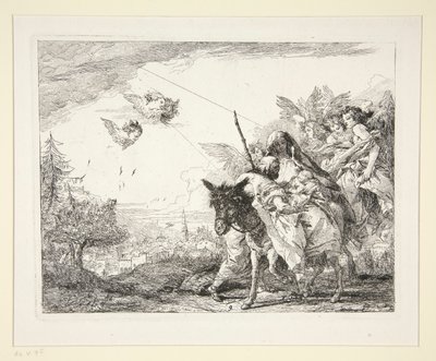 József a Kisded Jézusról elmélkedik, a Festői ötletek az Egyiptomba (Flight to Egypt) című sorozatból. alkotó: Giovanni Domenico Tiepolo