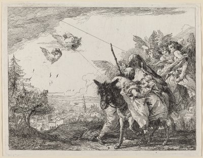 József, állva, imádja a gyermeket alkotó: Giovanni Domenico Tiepolo