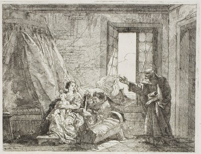 József elmeséli Máriának a közelgő elutazásukat, A menekülés Egyiptomba című könyvének negyedik táblája alkotó: Giovanni Domenico Tiepolo