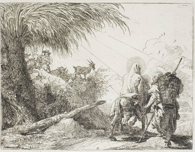 József és Mária elhaladva egy pásztor és nyája mellett, tizenegyedik lemez az Egyiptomba menekülésből alkotó: Giovanni Domenico Tiepolo