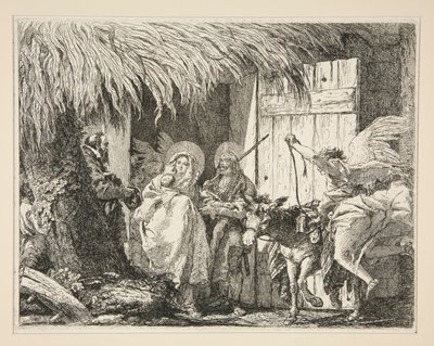 József és Mária egy ház előtt, az Idee pittoresche sopra la fuga in Egitto (Repülés Egyiptomba) sorozatból alkotó: Giovanni Domenico Tiepolo