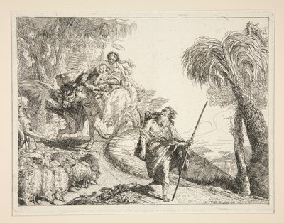 József a Szűzanyával és a gyermekkel, az Idee pittoresche sopra la fuga in Egitto (Repülés Egyiptomba) sorozatból alkotó: Giovanni Domenico Tiepolo