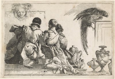 Térdelő oldalak, egy maszk és egy papagáj alkotó: Giovanni Domenico Tiepolo