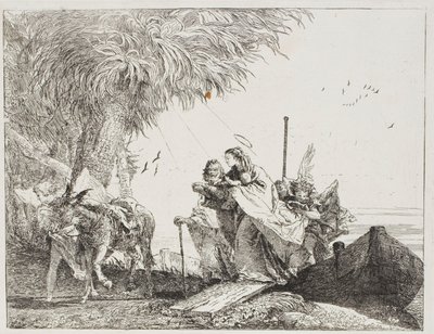 Mária, akit József és egy angyal segített, kilép a csónakból, tizennyolcas tányér az Egyiptomba menekülésből alkotó: Giovanni Domenico Tiepolo