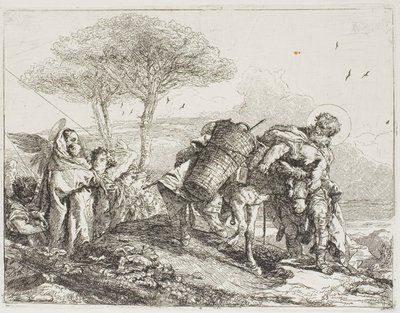 Mária, akit két angyal segít, követi Józsefet a szamárral, 25. tábla A menekülés Egyiptomba című könyvéből alkotó: Giovanni Domenico Tiepolo